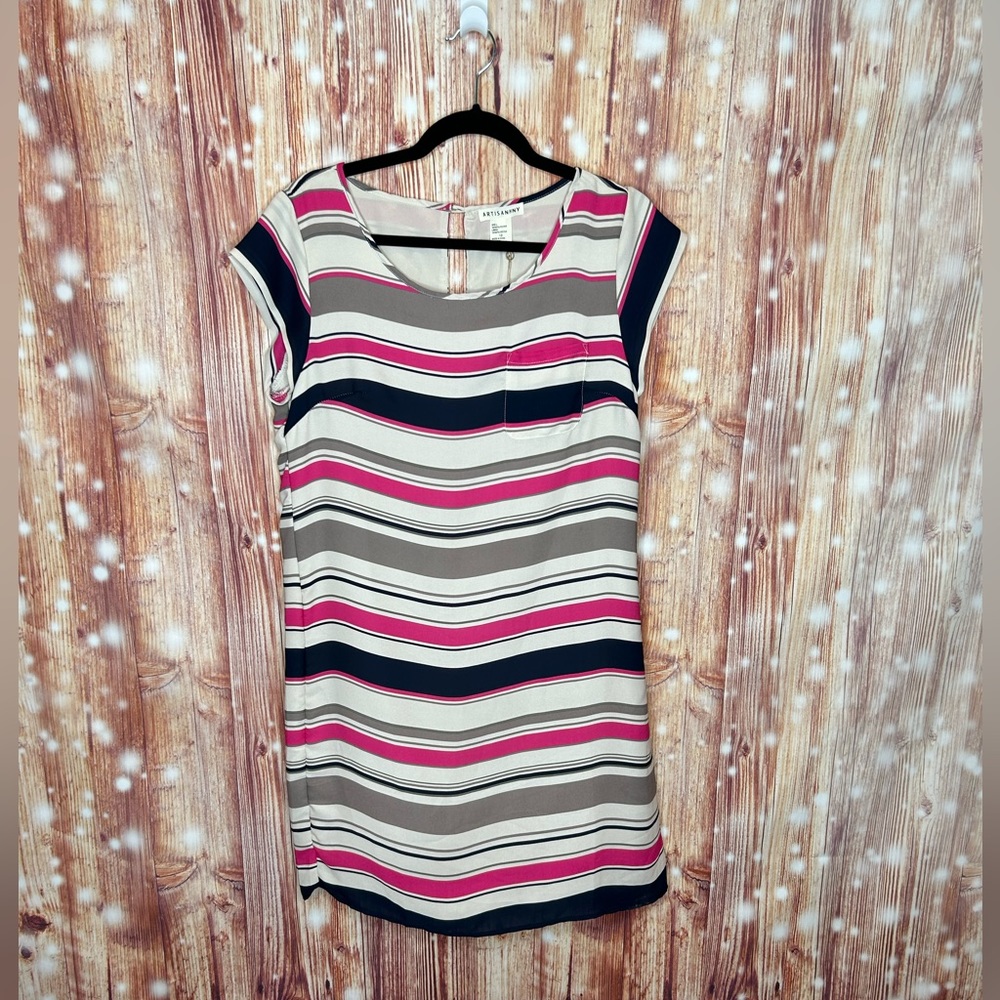 Atrisan NY Stripped Dress Size 12 Front Pocket NWT Crew Neck Cap Sleeves